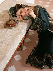 IZEL-3PC KHADDAR EMBROIDERED SHIRT WITH COURTRAI WOOL PRINT SHAWL AND TROUSER-W.J-4394