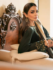 IZEL-3PC KHADDAR EMBROIDERED SHIRT WITH COURTRAI WOOL PRINT SHAWL AND TROUSER-W.J-4394