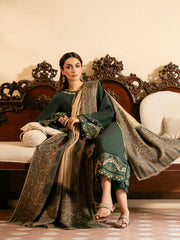 IZEL-3PC KHADDAR EMBROIDERED SHIRT WITH COURTRAI WOOL PRINT SHAWL AND TROUSER-W.J-4394