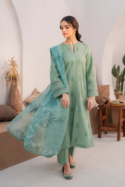 HANA- 3PC LAWN EMBROIDERED SHIRT WITH MONARK PRINT DUPATTA AND TROUSER-W.J-1486