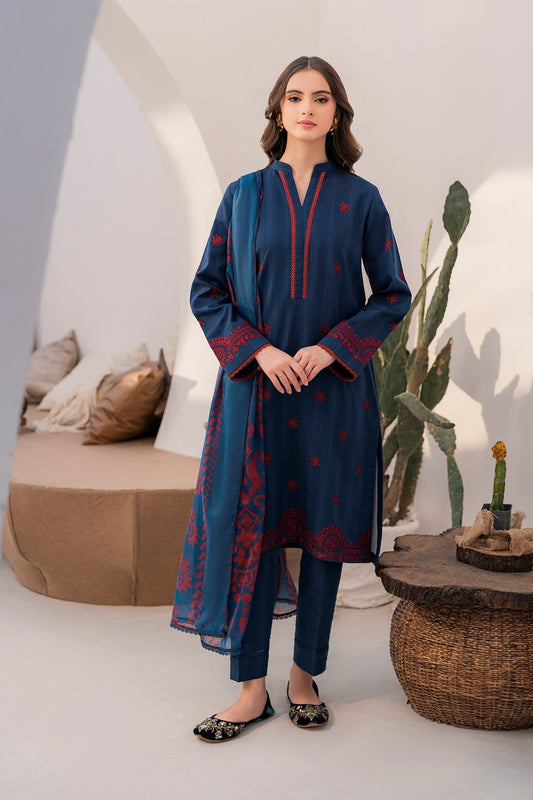 JAZMIN- 3PC LAWN EMBROIDERED SHIRT WITH MONARK PRINT DUPATTA & TROUSER-W.J-1490