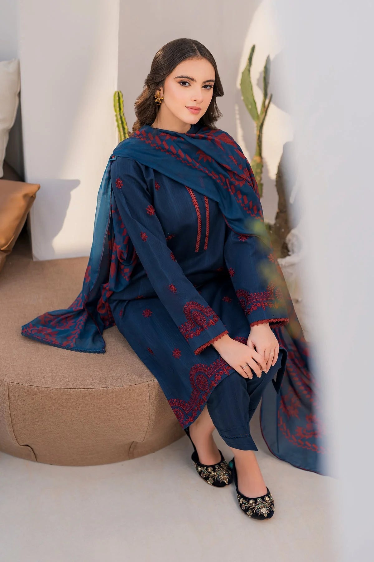 JAZMIN- 3PC DHANAK EMBROIDERED SHIRT WITH WOOL PRINT SHAWL-W.J-1270