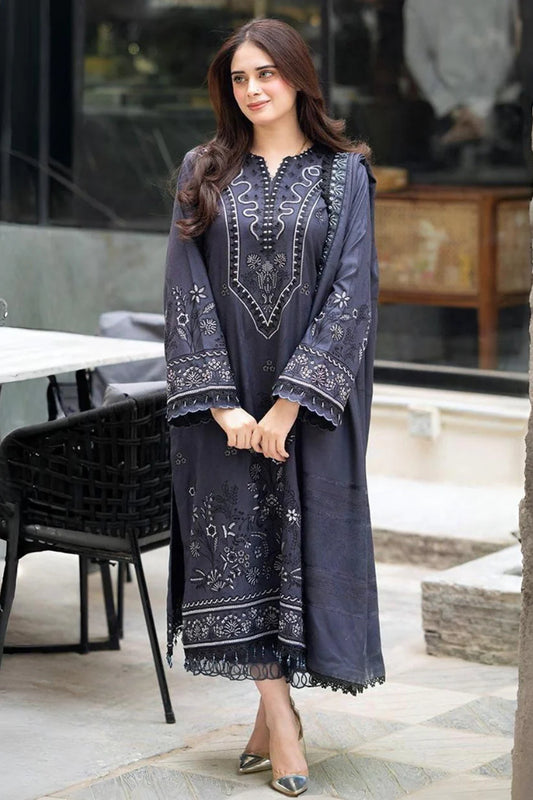 LIBAAS-3PC DHANAK EMBROIDERED SHIRT WITH DHANAK EMBROIDERED SHAWL & TROUSER_W.J-1899