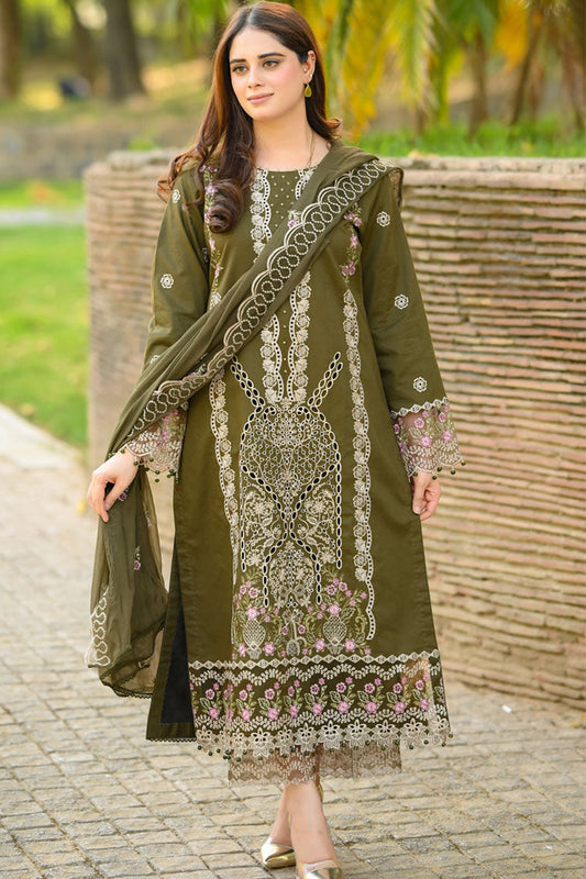 LIBAAS-3PC KARANDI EMBROIDERED SHIRT WITH KARANDI EMBROIDERED SHAWL & EMB TROUSER-W.J-1957