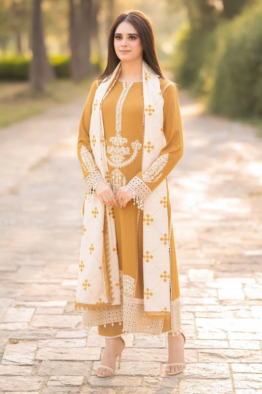 LIBAAS-3PC DHANAK EMBROIDERED SHIRT WITH COURTRAI WOOL PRINTED SHAWL AND TROUSER-W.J-1956