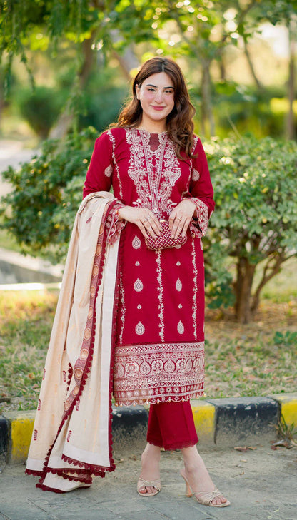 HANA- 3PC DHANAK EMBROIDERED SHIRT WITH COUTURE PRINT SHAWL AND TROUSER-W.J-1109