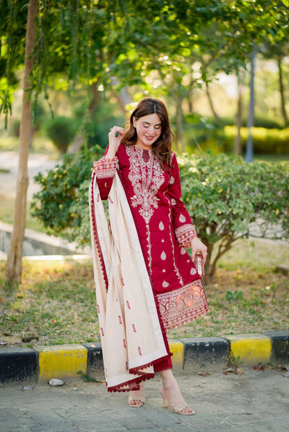 HANA- 3PC DHANAK EMBROIDERED SHIRT WITH COUTURE PRINT SHAWL AND TROUSER-W.J-1109