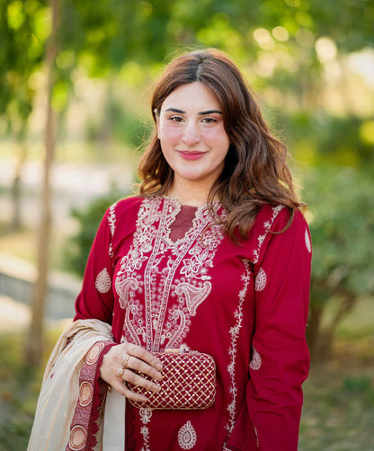 HANA- 3PC DHANAK EMBROIDERED SHIRT WITH COUTURE PRINT SHAWL AND TROUSER-W.J-1109