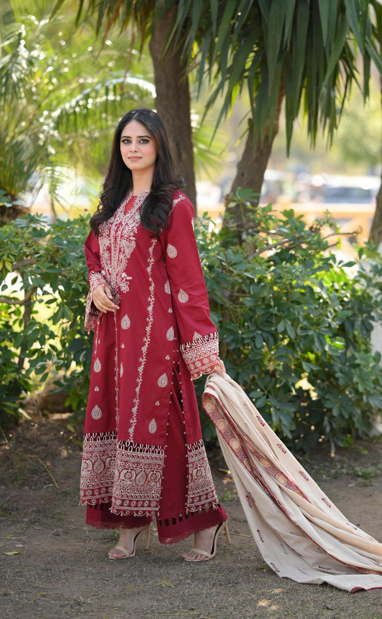 HANA- 3PC DHANAK EMBROIDERED SHIRT WITH COUTURE PRINT SHAWL AND TROUSER-W.J-1109