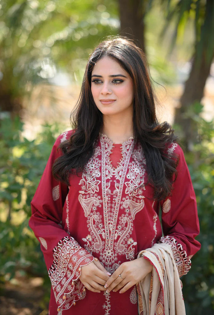 HANA- 3PC DHANAK EMBROIDERED SHIRT WITH COUTURE PRINT SHAWL AND TROUSER-W.J-1109