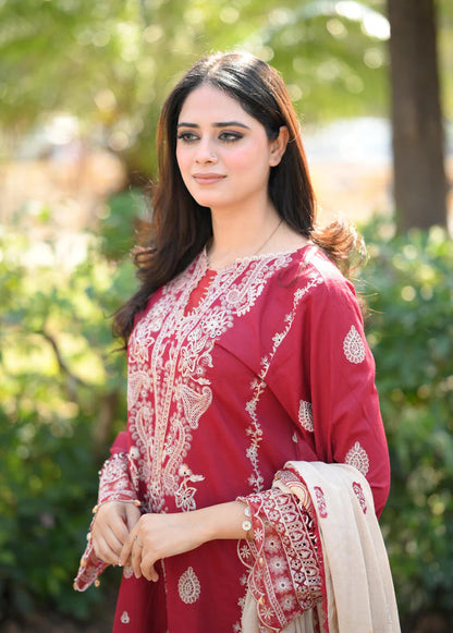 HANA- 3PC DHANAK EMBROIDERED SHIRT WITH COUTURE PRINT SHAWL AND TROUSER-W.J-1109