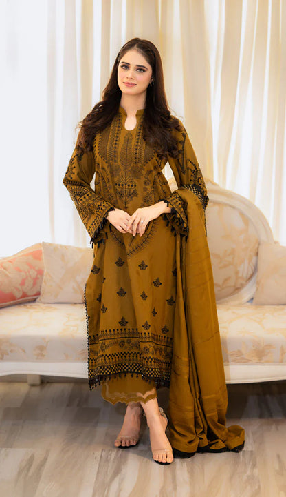 LIBAAS-3PC DHANAK EMBROIDERED SHIRT WITH DHANAK EMBROIDERED SHAWL & EMB TROUSER-W.J-1330