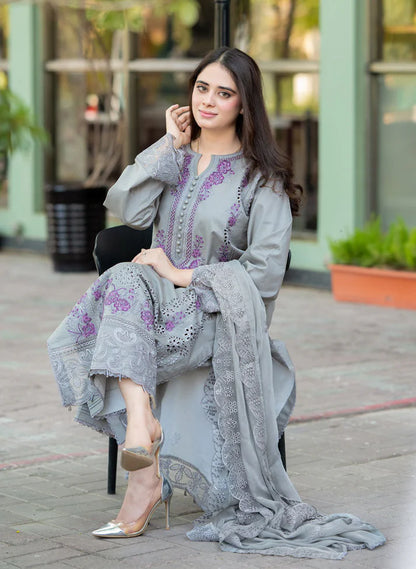 LIBAAS-3PC DHANAK EMBROIDERED SHIRT WITH CHIFFON EMBROIDERED DUPATTA AND TROUSER -W.J-1786