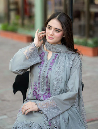 LIBAAS-3PC DHANAK EMBROIDERED SHIRT WITH CHIFFON EMBROIDERED DUPATTA AND TROUSER -W.J-1786