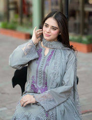 LIBAAS-3PC DHANAK EMBROIDERED SHIRT WITH CHIFFON EMBROIDERED DUPATTA AND TROUSER W.J-5211
