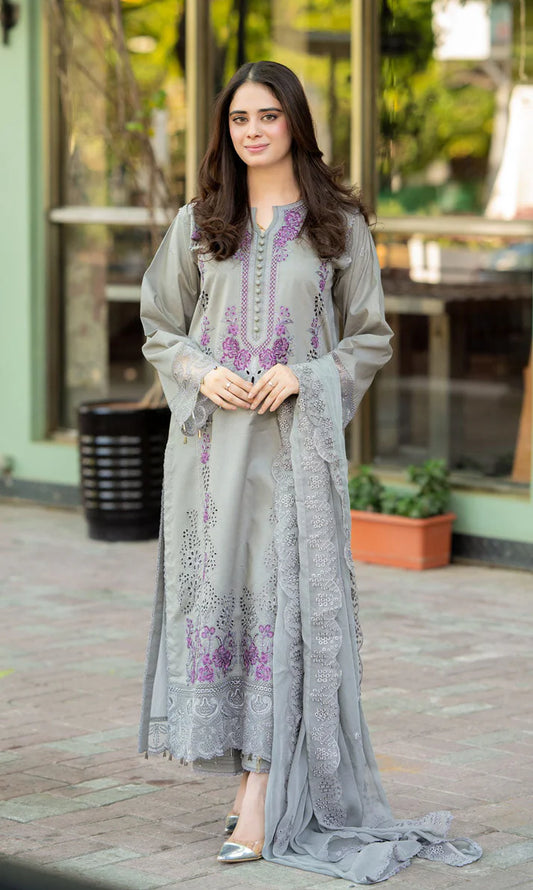 LIBAAS-3PC DHANAK EMBROIDERED SHIRT WITH CHIFFON EMBROIDERED DUPATTA AND TROUSER -W.J-1786