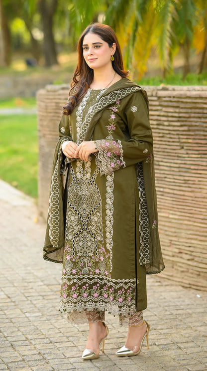LIBAAS-3PC KARANDI EMBROIDERED SHIRT WITH KARANDI EMBROIDERED SHAWL & EMB TROUSER-W.J-1957
