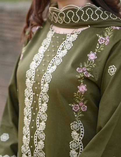 LIBAAS-3PC KARANDI EMBROIDERED SHIRT WITH KARANDI EMBROIDERED SHAWL & EMB TROUSER-W.J-1957