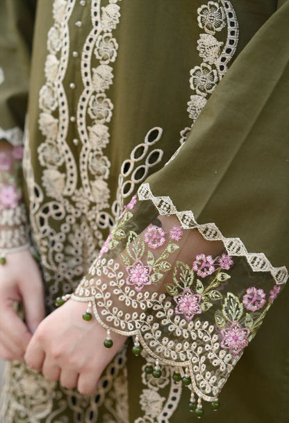 LIBAAS-3PC KARANDI EMBROIDERED SHIRT WITH KARANDI EMBROIDERED SHAWL & EMB TROUSER-W.J-1957