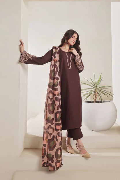 SAPPHIRE-3PC DHANAK EMBROIDERED SHIRT WITH COURTRAI PRINTED SHAWL AND TROUSER-W.J-2029