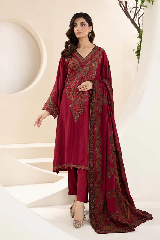 MARIA B-3PC KHADDAR EMBROIDRED SHIRT WITH WOOL PRINT SHAWL AND TROUSER-W.J-1324