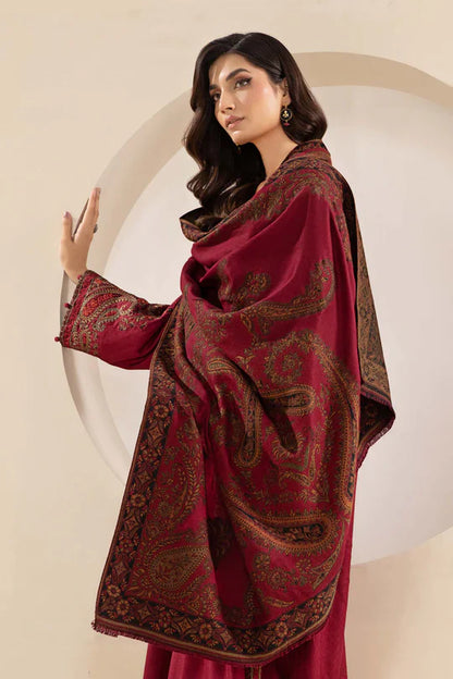 MARIA B-3PC KHADDAR EMBROIDRED SHIRT WITH WOOL PRINT SHAWL AND TROUSER-W.J-1324