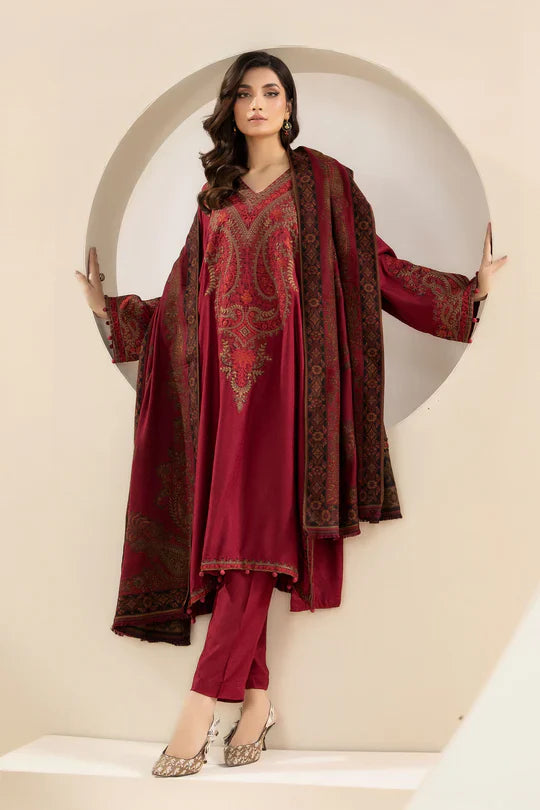 MARIA B-3PC KHADDAR EMBROIDRED SHIRT WITH WOOL PRINT SHAWL AND TROUSER-W.J-1324