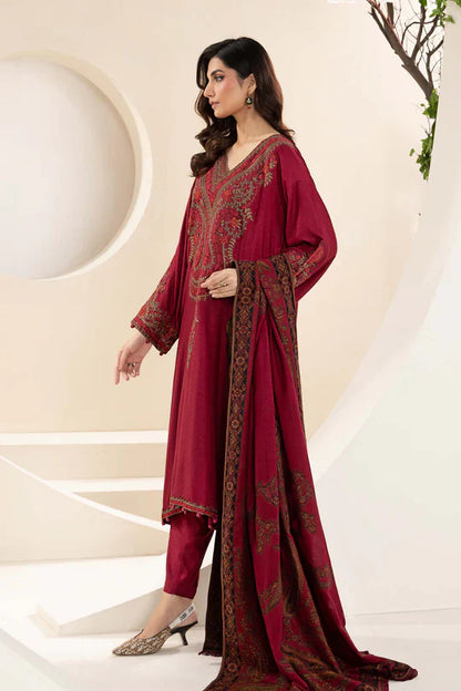 MARIA B-3PC KHADDAR EMBROIDRED SHIRT WITH WOOL PRINT SHAWL AND TROUSER-W.J-1324