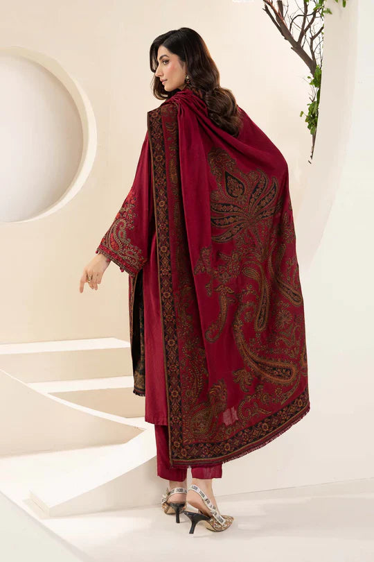 MARIA B-3PC KHADDAR EMBROIDRED SHIRT WITH WOOL PRINT SHAWL AND TROUSER-W.J-1324