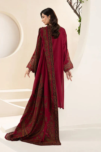 MARIA B-3PC KHADDAR EMBROIDRED SHIRT WITH WOOL PRINT SHAWL AND TROUSER-W.J-1324