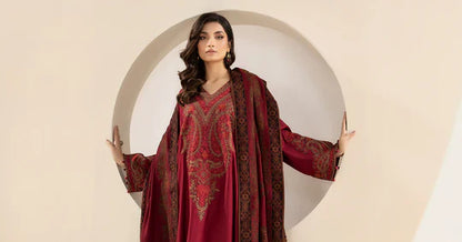 MARIA B-3PC KHADDAR EMBROIDRED SHIRT WITH WOOL PRINT SHAWL AND TROUSER-W.J-1324