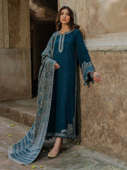 IZEL-3PC DHANAK EMBROIDERED SHIRT WITH COURTRAI PRINTED SHAWL & TROUSER-W.J-4369