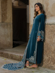 IZEL-3PC DHANAK EMBROIDERED SHIRT WITH COURTRAI PRINTED SHAWL & TROUSER-W.J-4369