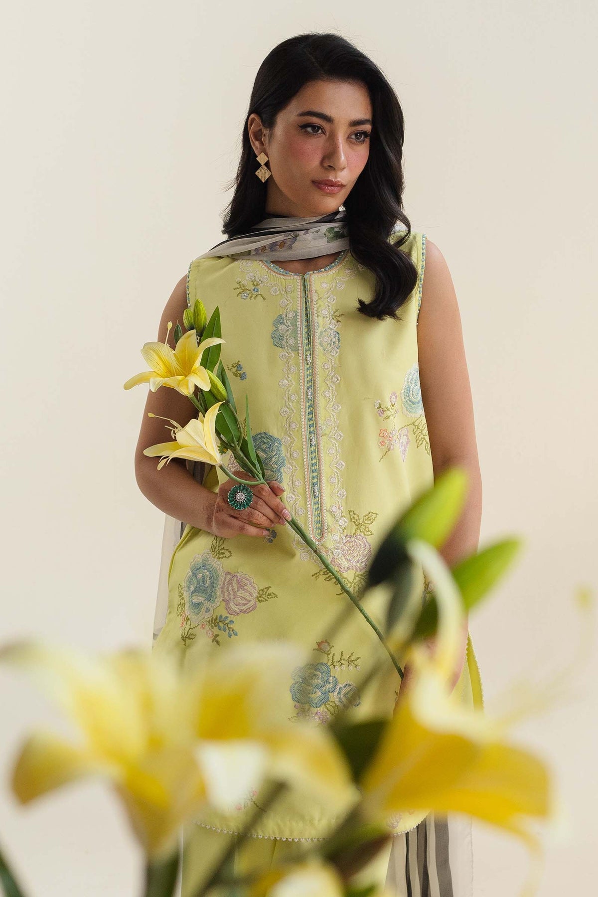 ZAHRA SHAHJAHAN- 3PC LAWN EMBROIDERED SHIRT WITH DIAMOND PRINT DUPATTA-LEMON-W.J-1606