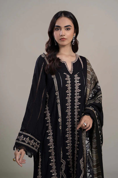 MARIA B - 3PC DHANAK EMBROIDERED SHIRT WITH COUTURE WOOL PRINT SHAWL AND DHANAK TROUSER-W.J-1170