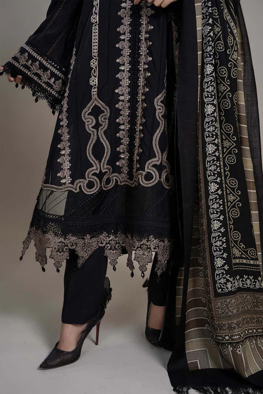 MARIA B - 3PC DHANAK EMBROIDERED SHIRT WITH COUTURE WOOL PRINT SHAWL AND DHANAK TROUSER-W.J-1170