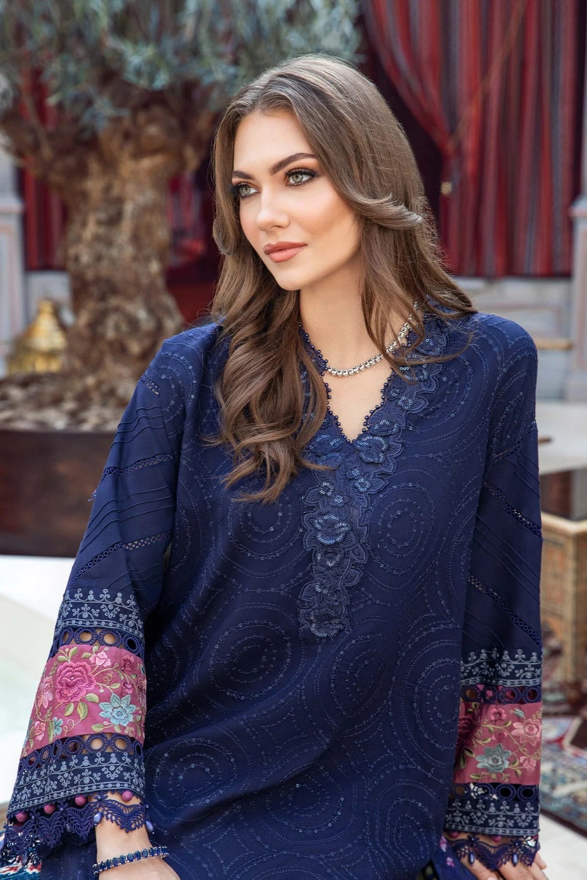 MARIA B - 3PC DHANAK SEQUENCE EMBROIDERED SHIRT WITH WOOL PRINTED SHAWL AND TROUSER-W.J-1165