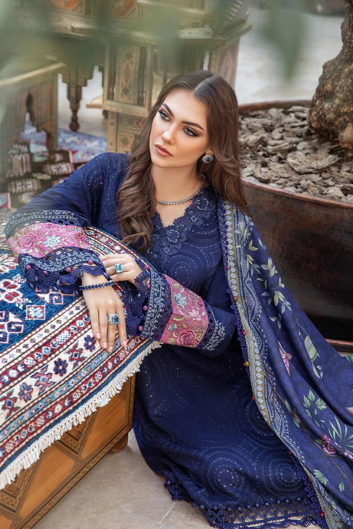 MARIA B - 3PC DHANAK SEQUENCE EMBROIDERED SHIRT WITH WOOL PRINTED SHAWL AND TROUSER-W.J-1165