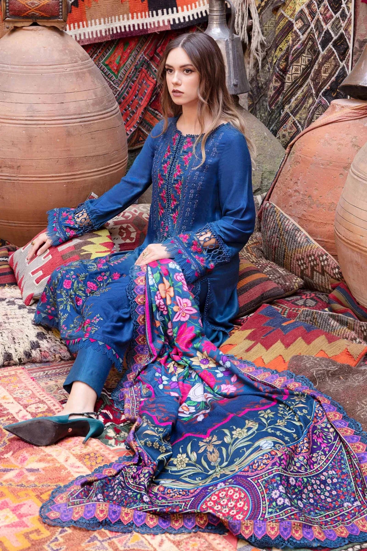 MARIA B - 3PC DHANAK SEQUENCE EMBROIDERED SHIRT WITH WOOL PRINTED SHAWL AND TROUSER-W.J-1166