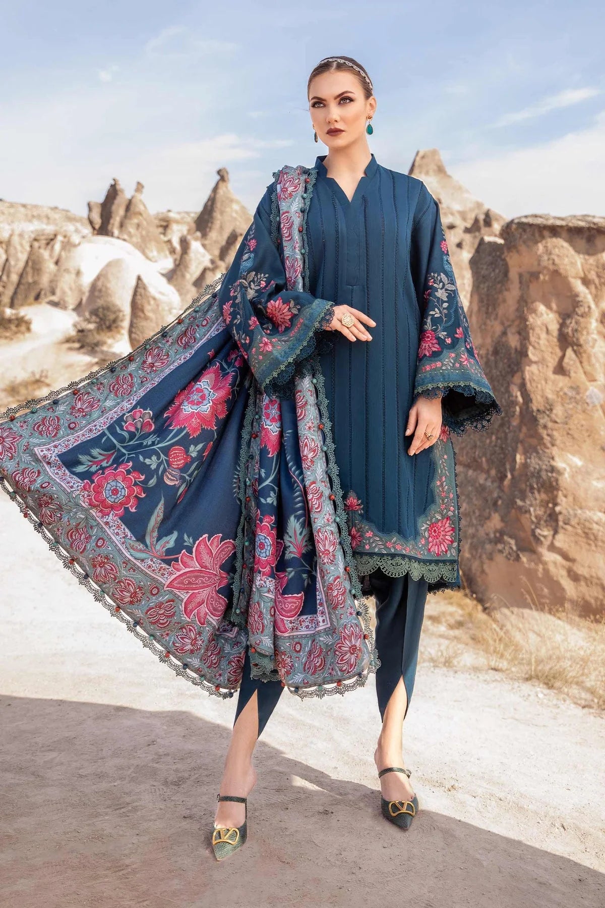 MARIA B - 3PC DHANAK EMBROIDERED SHIRT WITH COUTURE PRINT SHAWL AND TROUSER-W.J-1167