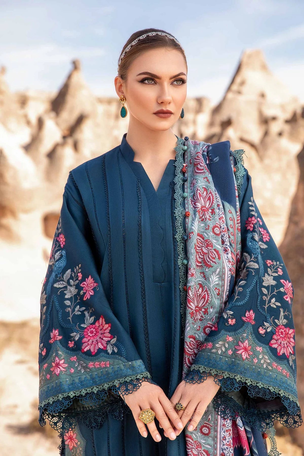 MARIA B - 3PC DHANAK EMBROIDERED SHIRT WITH COUTURE PRINT SHAWL AND TROUSER-W.J-1167