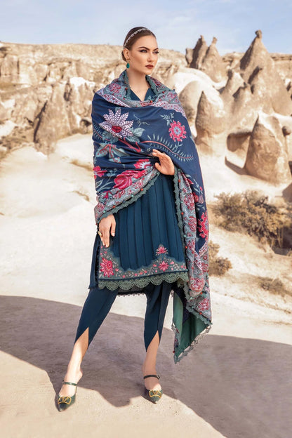 MARIA B - 3PC DHANAK EMBROIDERED SHIRT WITH COUTURE PRINT SHAWL AND TROUSER-W.J-1167