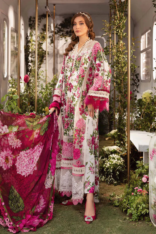 MARIA.B-3PC LAWN PRINTED EMB SHIRT WITH CHIFFON PRINT DUPATTA AND PRINT TROUSER-W.J-1785