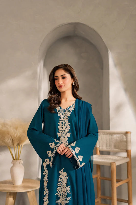 VINTAGE-3PC DHANAK EMBROIDERED SHIRT WITH BAMBER CHIFFON DUPATTA AND TROUSER-W.J-1980