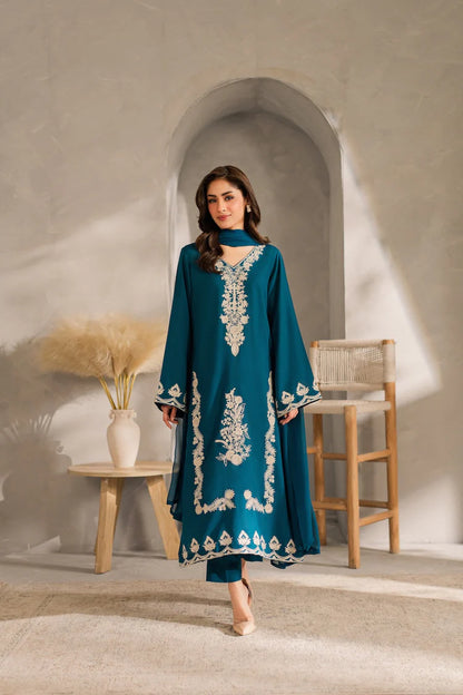 VINTAGE-3PC DHANAK EMBROIDERED SHIRT WITH BAMBER CHIFFON DUPATTA AND TROUSER-W.J-1980