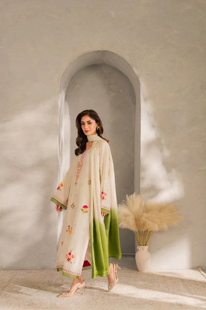 VINTAGE-3PC DHANAK EMBROIDERED SHIRT WITH BAMBER CHIFFON DUPATTA AND TROUSER-W.J-1981