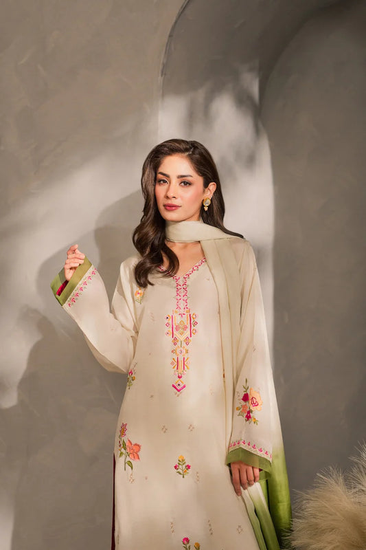 VINTAGE-3PC DHANAK EMBROIDERED SHIRT WITH BAMBER CHIFFON DUPATTA AND TROUSER-W.J-1981