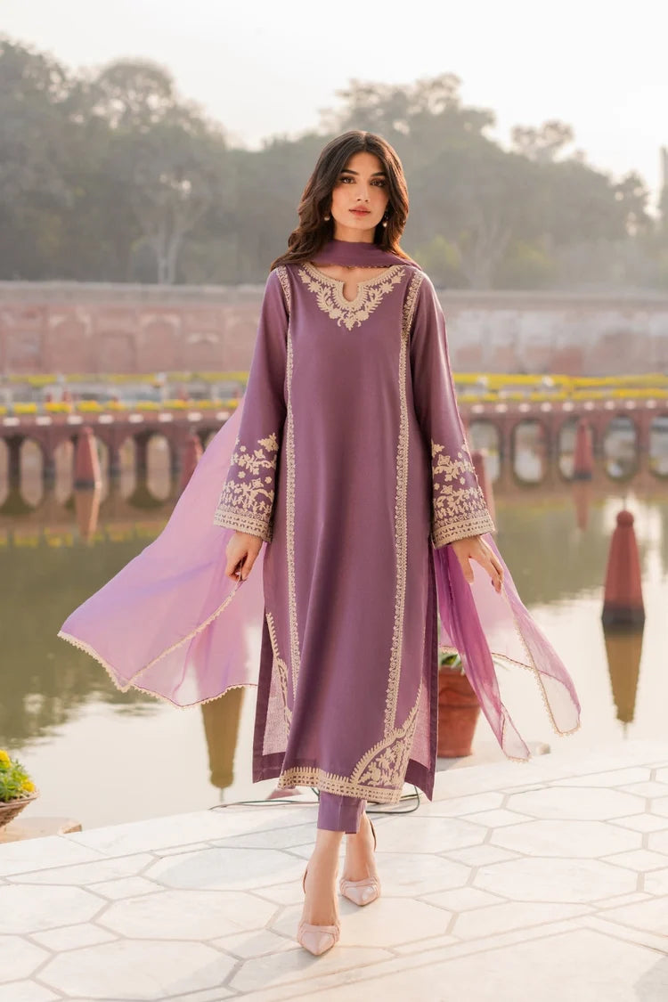 MIRANA-3PC RAW SILK EMBROIDERED SHIRT WITH SOFT SILK DUPATTA AND TROUSER-W.J-5149