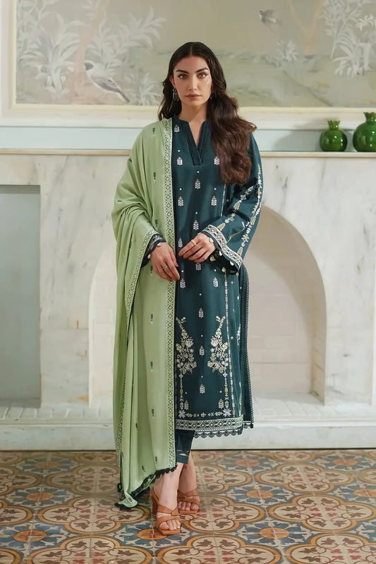 BATIK-3PC DHANAK EMBROIDERED SHIRT WITH DHANAK EMBROIDERED SHAWL & TROUSER-W.J-1825