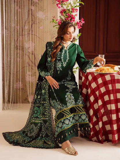 MAHNUR-3PC DHANAK EMBROIDERED SHIRT WITH COURTRAI PRINTED SHAWL & TROUSER-W.J-2039